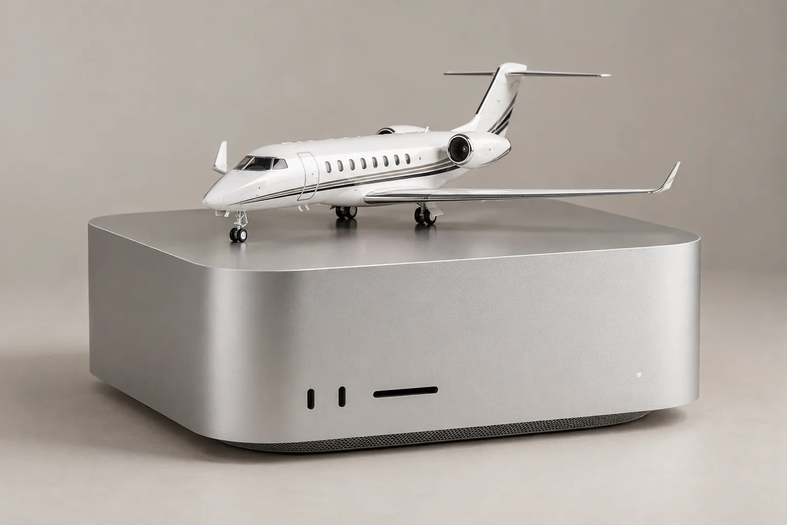 A miniature white private jet resting on a silver Mac Studio against a plain background.